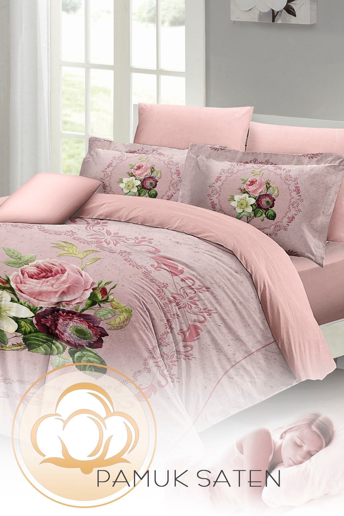 Kıng Sıze Çift Kişilik Nevresim Takımı %100 Pamuk Saten Damascus Rose 220x240cm