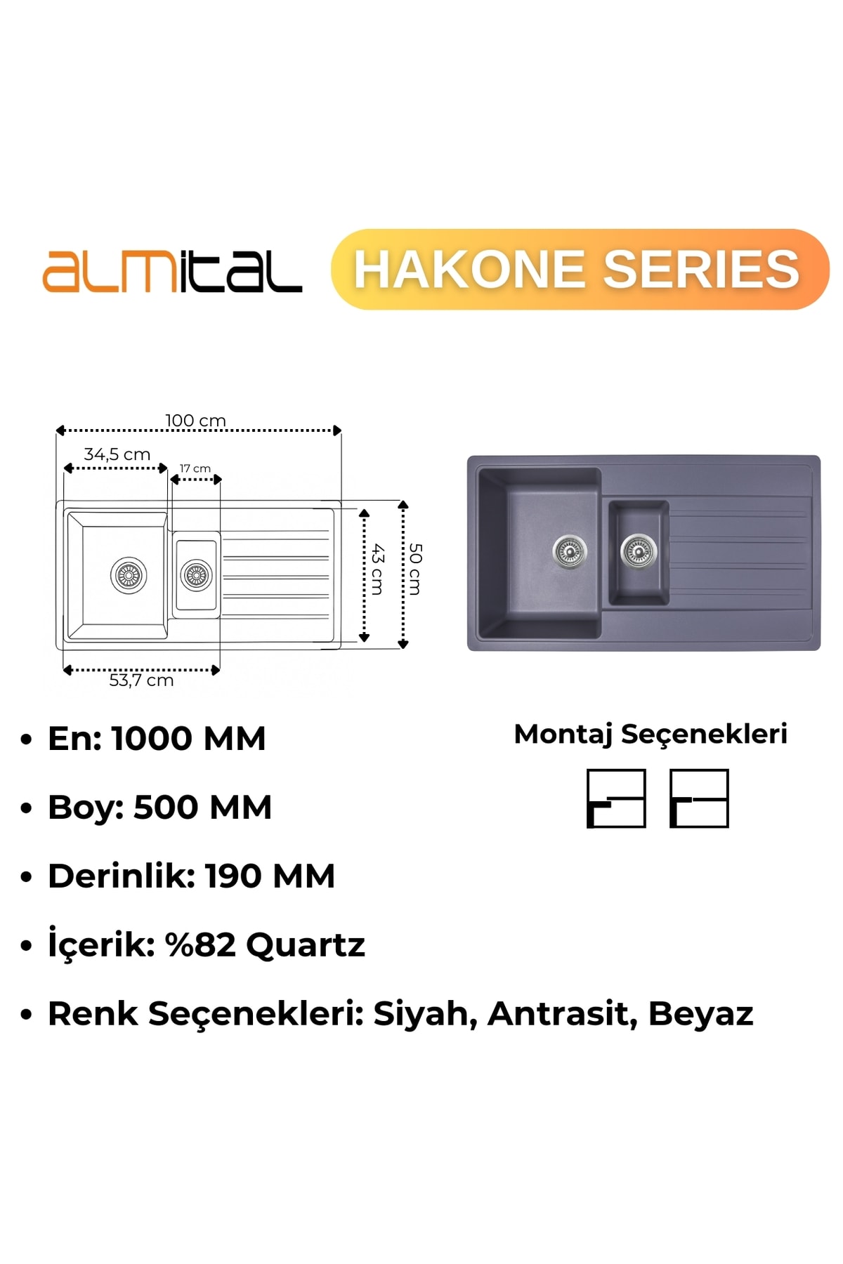Granit Evye HAKONE Series Anthracite 100x50 (ANTRASİT)