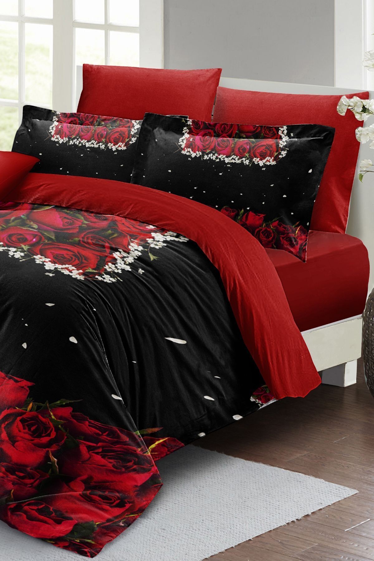 Lastikli Çarşaflı %100 Pamuk Saten Çift Kişilik Nevresim Takımı Black Rose