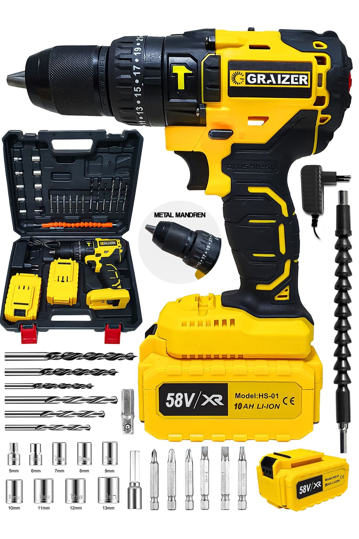 Alman 58 V 10 Ah 13 Mm Metal Mandren Darbeli Çift Akülü Vidalama Matkap 27 Parça Pro Set Sari