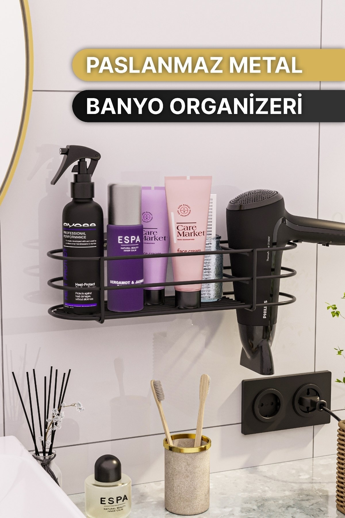 Banyo Aksesuarları Banyo Düzenleyici Yapışkanlı Saç Kurutma Makinesi Fön Makinesi Organizer Raf