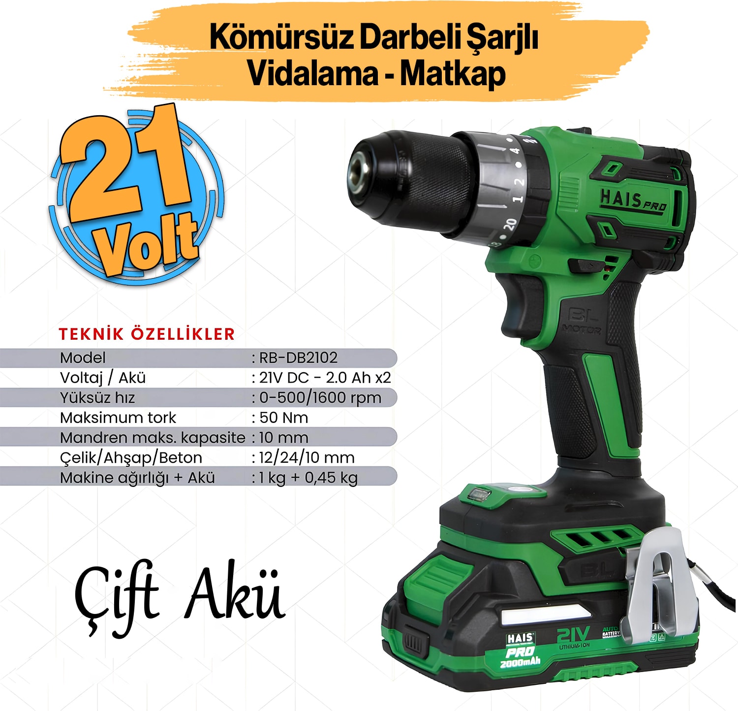 Kömürsüz Çift Akülü Darbeli Akülü Vidalama Li-Ion Batarya 21 V Çift Vitesli LED Işıklı Metal Mandren