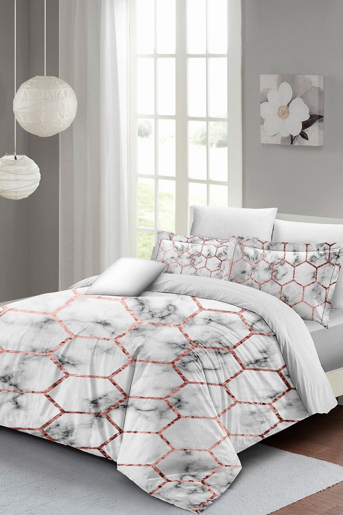 Kıng Sıze Marble Geo Çift Kişilik Nevresim Takımı 3d Pamuk Saten 220x240cm