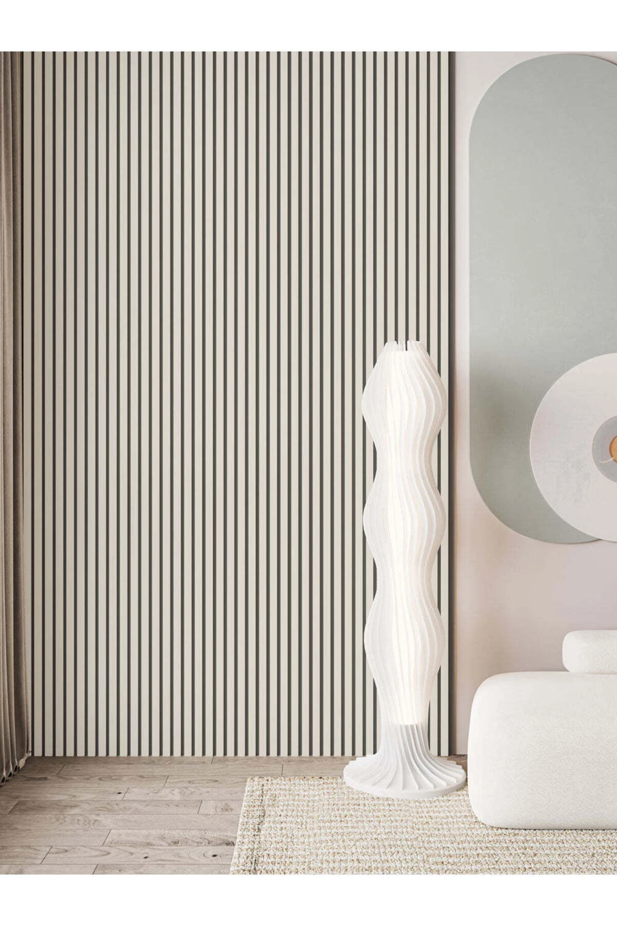 60x275 Cm Beyaz Renk Plus Akustik Ahşap Duvar Paneli / Mdf / Siyah Keçe