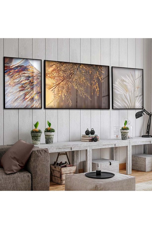 Siyah Metal Çerçeveli Modern Çizim Çiçek Üçlü Kırılmaz Cam Tablo Seti