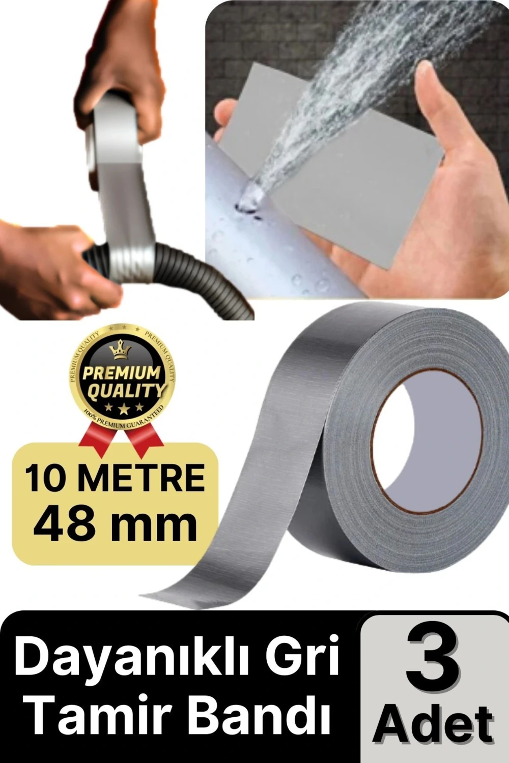 3 Adet Ekstra Güçlü Dayanıklı Su Geçirmez Sızdırmaz Yalıtım Izolasyon Gri Tamir Bandı 10 mt 48 mm