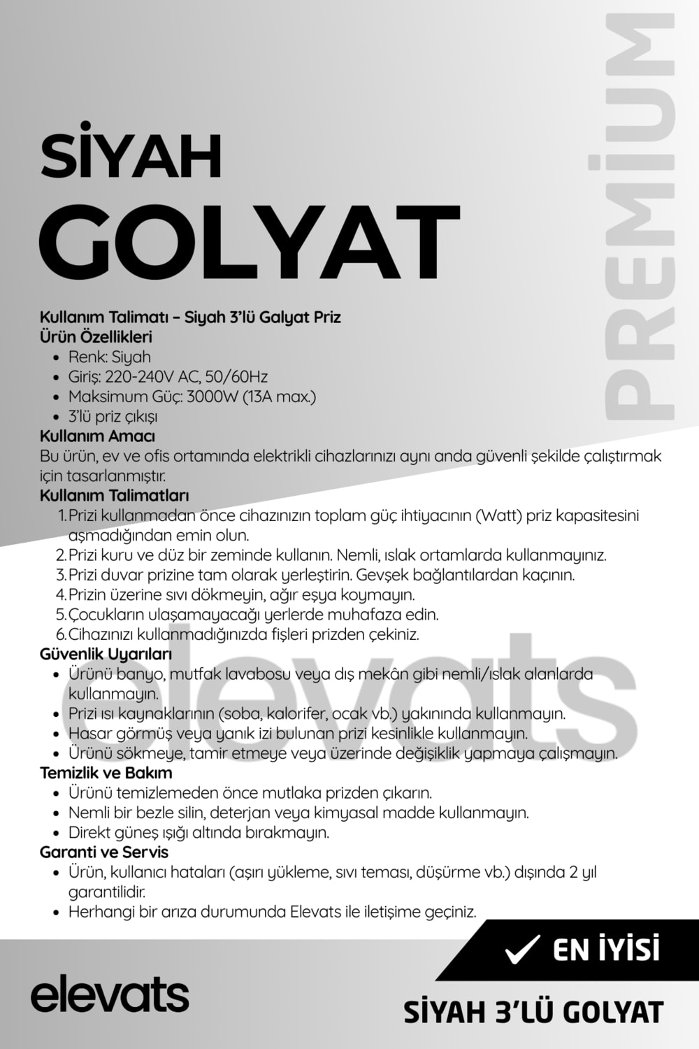 Premium Siyah 3’lü Papatya Golyat Priz | Çoklu Priz | 3'lü Priz | Priz Çoğaltıcı