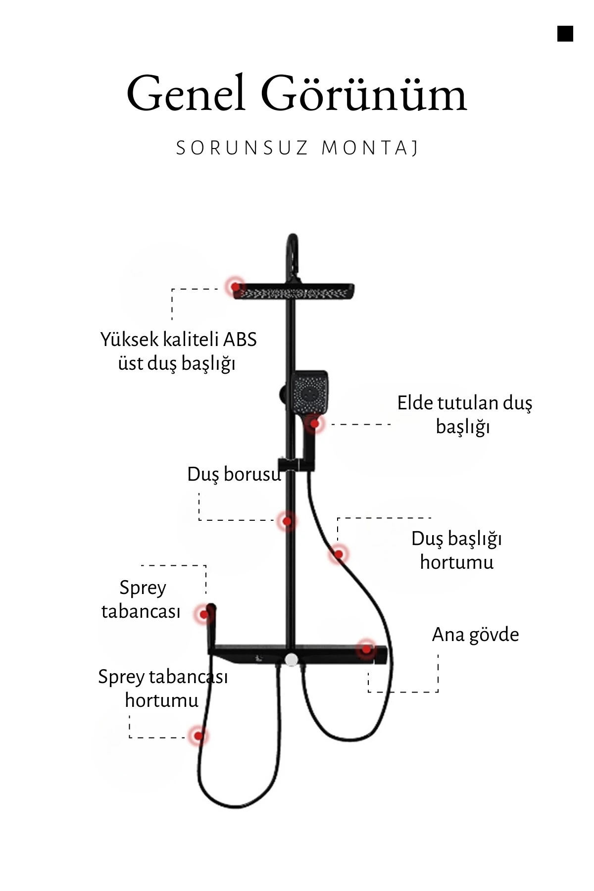 Premium Siyah Duş Sistemi Seti - 4 Fonksiyonlu Yağmur Duş Başlığı, Temperli Cam Raf, Masajlı El Duşu