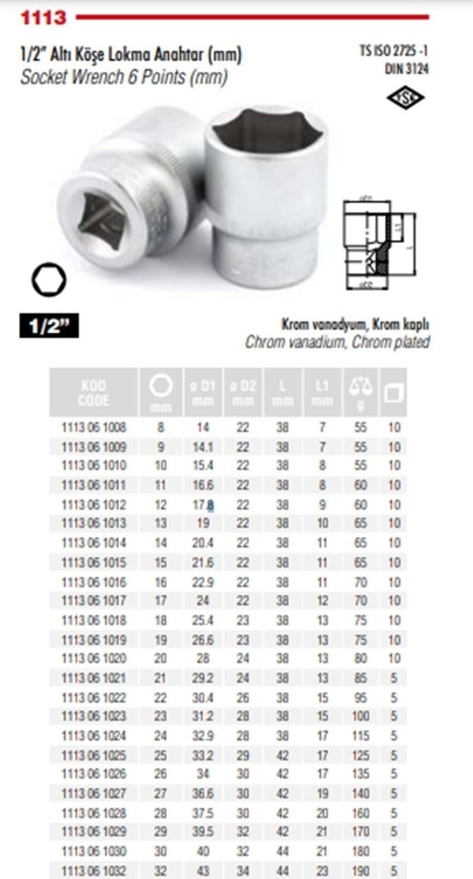 Izeltaş 1/2'' Altı Köşe Lokma Anahtar 32 mm - 1113 06 1032