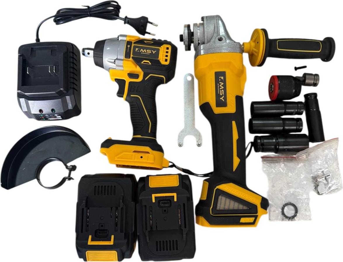 Msy 2'li Set: Akülü Somun Sıkma (500 Nm) + 125 mm Avuç Taşlama | Fırçasız Motor | 21V 2 Batarya