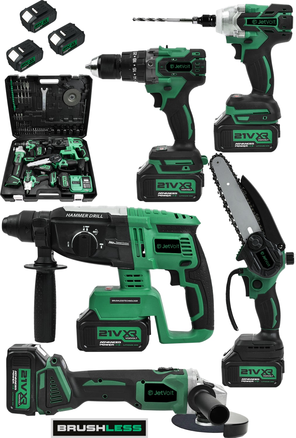 21V 2.0AH Kömürsüz Darbeli 5'li Set Şarjlı Hilti + Taşlama + Somun Sıkma + Akülü Vidalama + Budama Testeri - Yeşil