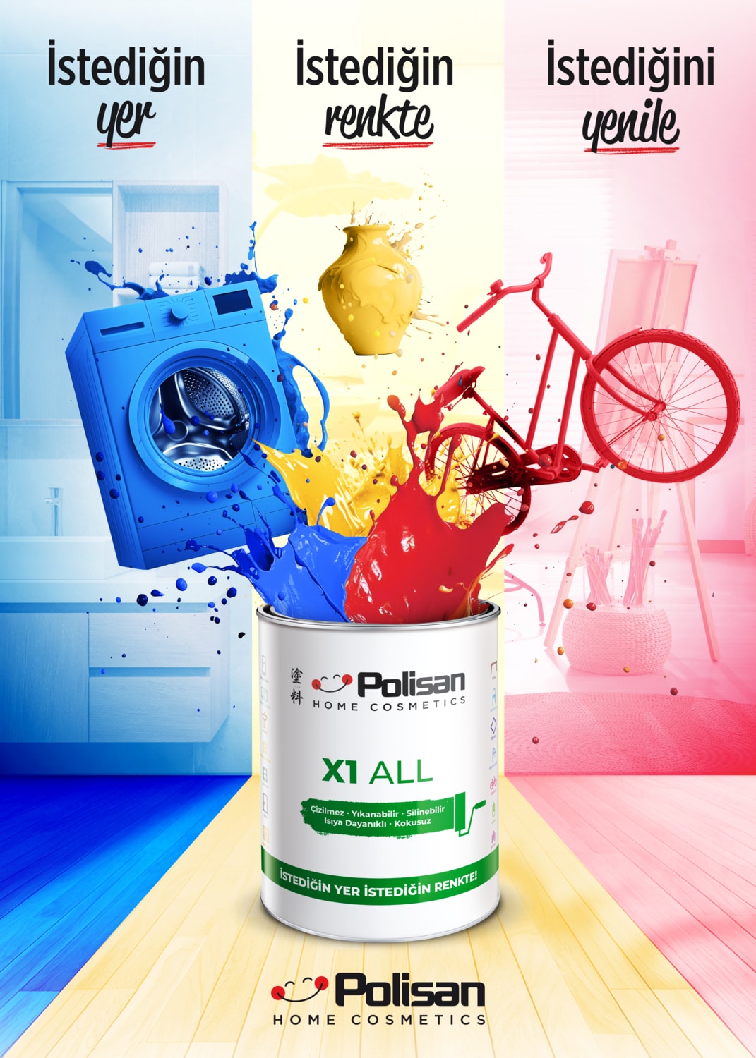 X1 All Tüm Zeminler Için Yıkanabilen Silinebilen Kokusuz Boya 0.75 Lt 4522 Mavi Koy