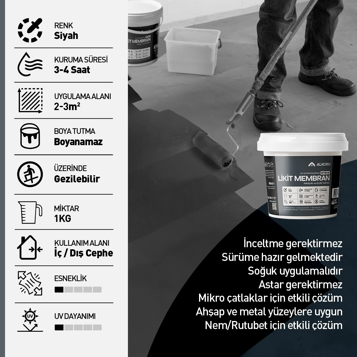 1 kg Bitüm 1k Likit Membran Kauçuk ve Elyaf Katkılı Sıvı Su Yalıtım Malzemesi