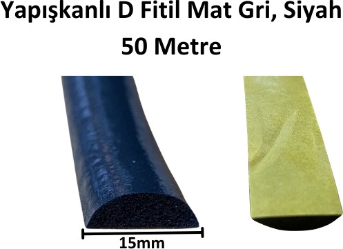 Yapışkanlı D Fitil Mat Gri, Siyah 15MM 50 Metre plt2800080