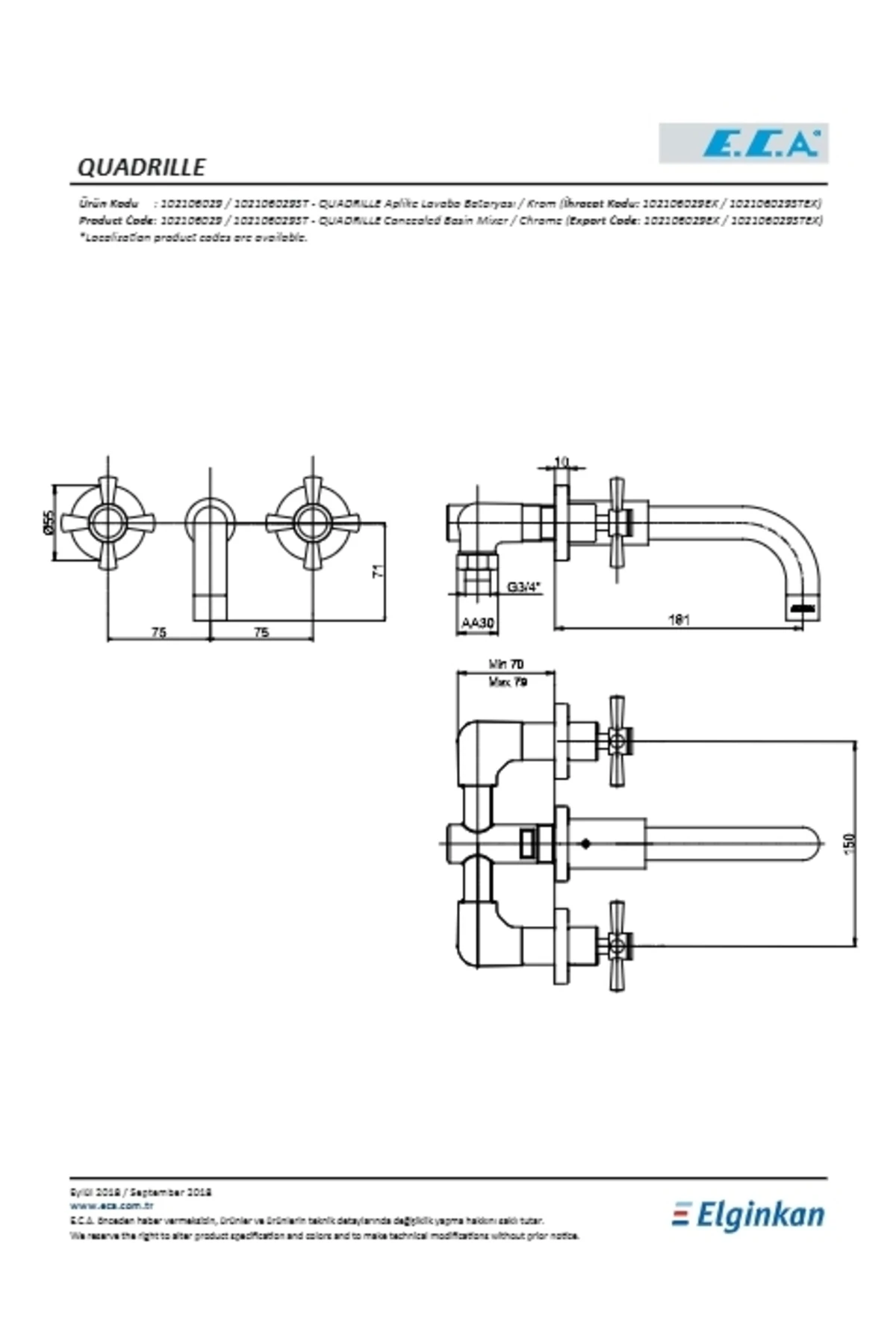 Quadrille Ankastre Lavabo Bataryası Duvardan