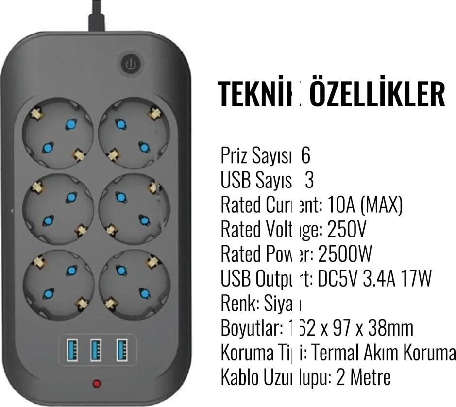 Çoklu 6'lı Priz Akım Korumalı 3xusb 3.4A 2500 Watt 2 Metre Uzatma Kablosu Anahtarlı Çocuk Korumalı
