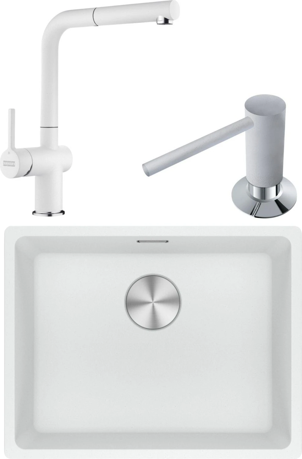 Maris Mrg 110-52 Granit Eviye-Active Plus Doccia 2.0 Armatür-Sıvı Sabunluk Üçlü Set Bianco