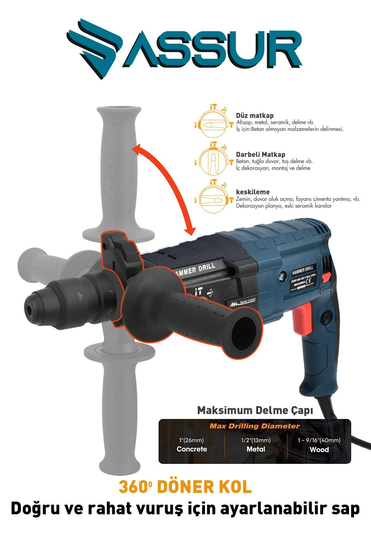 850w Metal Şanzıman Darbeli Matkap Kırıcı Delici Hilti 2-28 mm