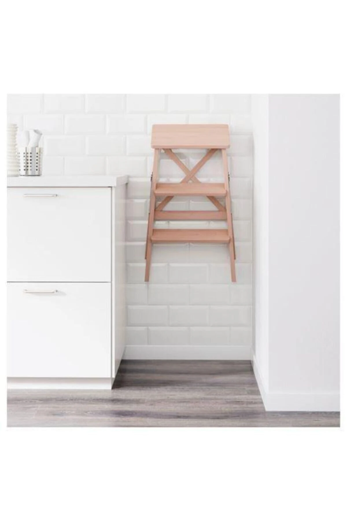 3 Basamaklı Portatif Merdiven Yükseklik 63 Cm Ahşap Basamak Masif Kayın Tabure Ağacı Kaliteli