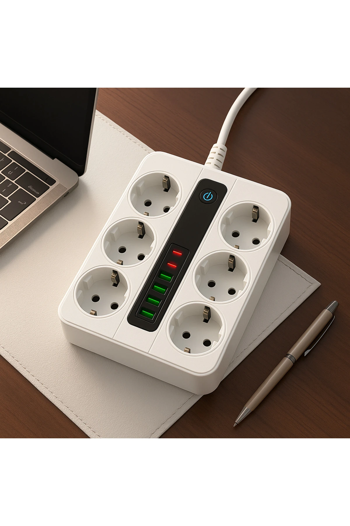 6 Prizli Akıllı Uzatma Kablosu – 4 USB-A + 2 Type-C Hızlı Şarj Çıkışlı Akım Korumalı , 2 Metre Kablo