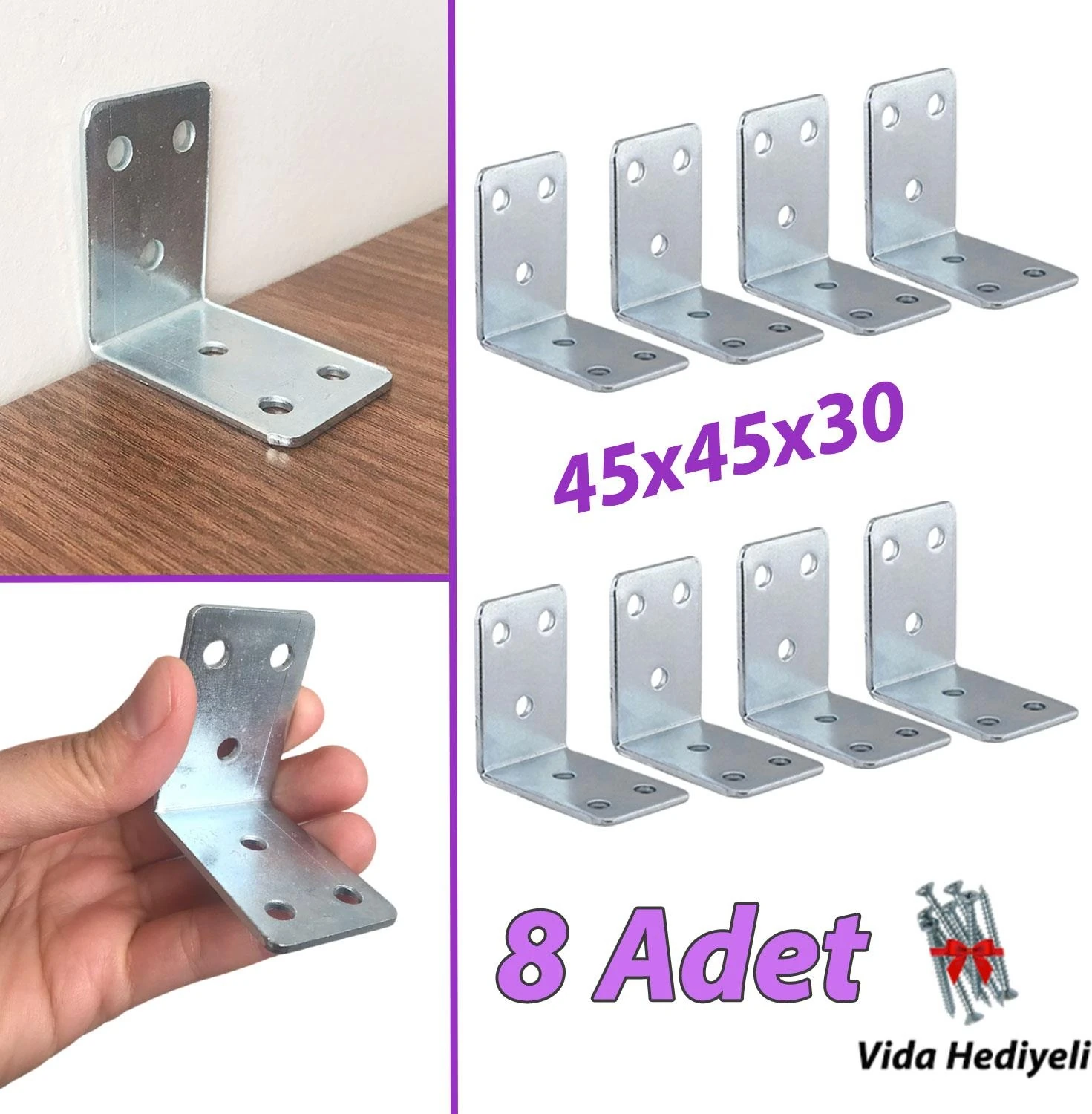 8 Adet Mobilya Eşya Dolap Duvar Sabitleyici Köşe Bağlantı L Demir Gönye Deprem Güvenliği 45 x 45 x 30 mm