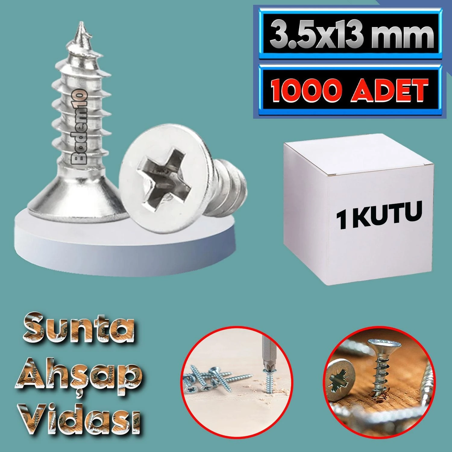 Sunta Vidası 3.5X13 Paket 1000 Adet Sivri Uçlu Ahşap Tahta Ağaç Mobilya Ayak Kulp Vidası
