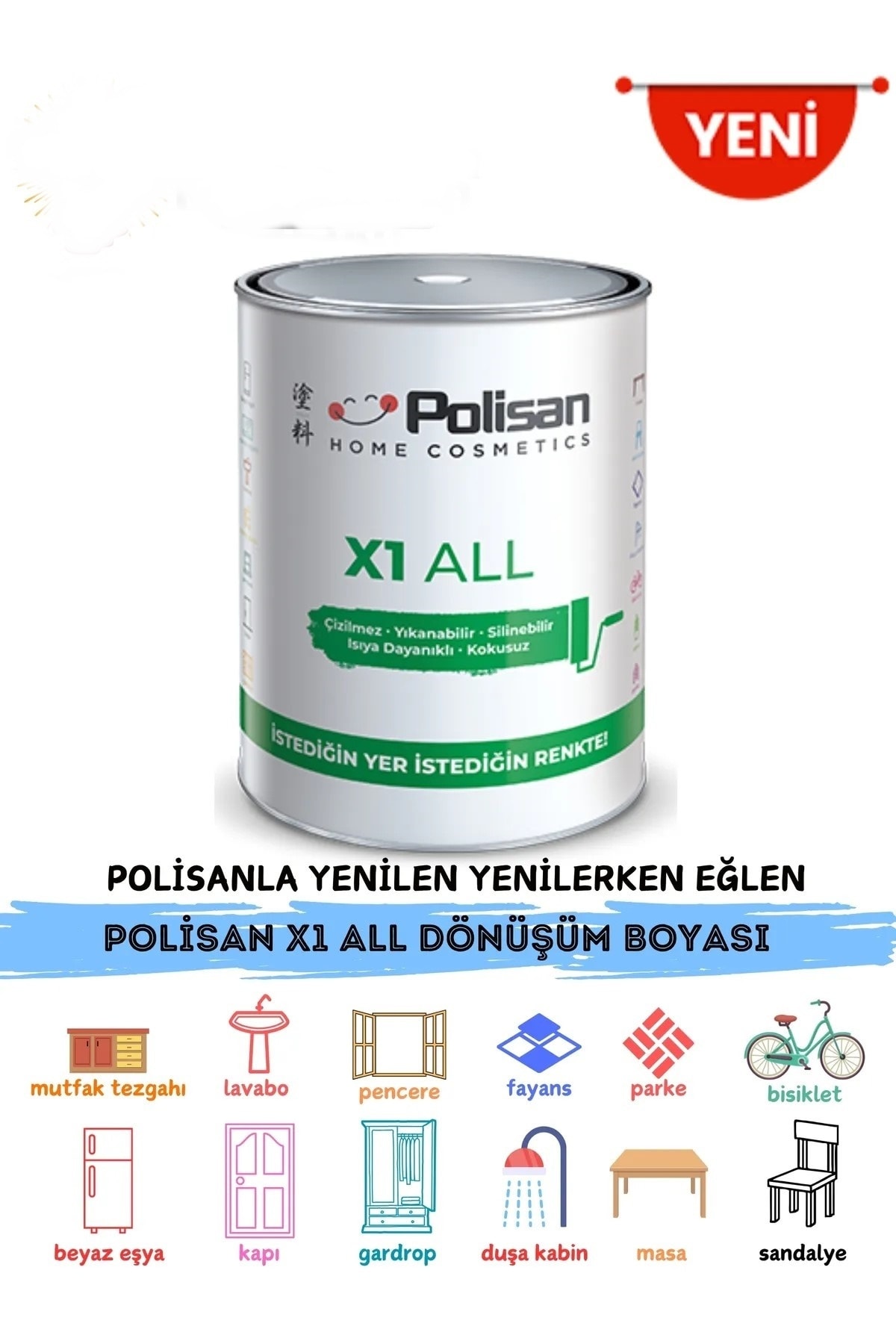 X1 All Yeni Nesil Dönüşüm Boyası Dolap-fayans-cam-plastik-ahşap-duvar Sınırsız Renk 0.75 lt