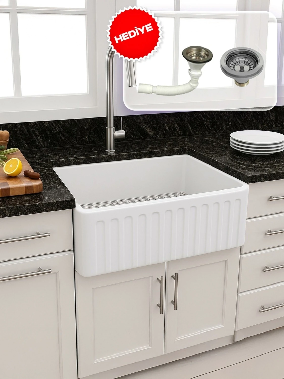 Quarter Seramik Eviye Live Dekorlu Eviye 76 cm Parlak Beyaz Sifon Hediye