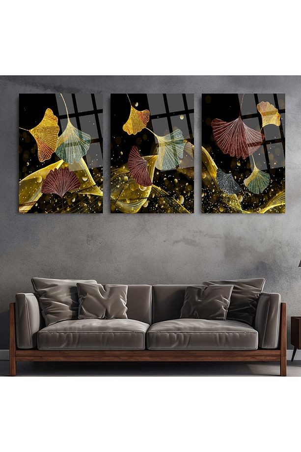 3 PARÇA TAKIM SET HALİNDE MODERN GOLD ÇİÇEK TEMALI KIRILMAZ CAM TABLO EV HEDİYESİ