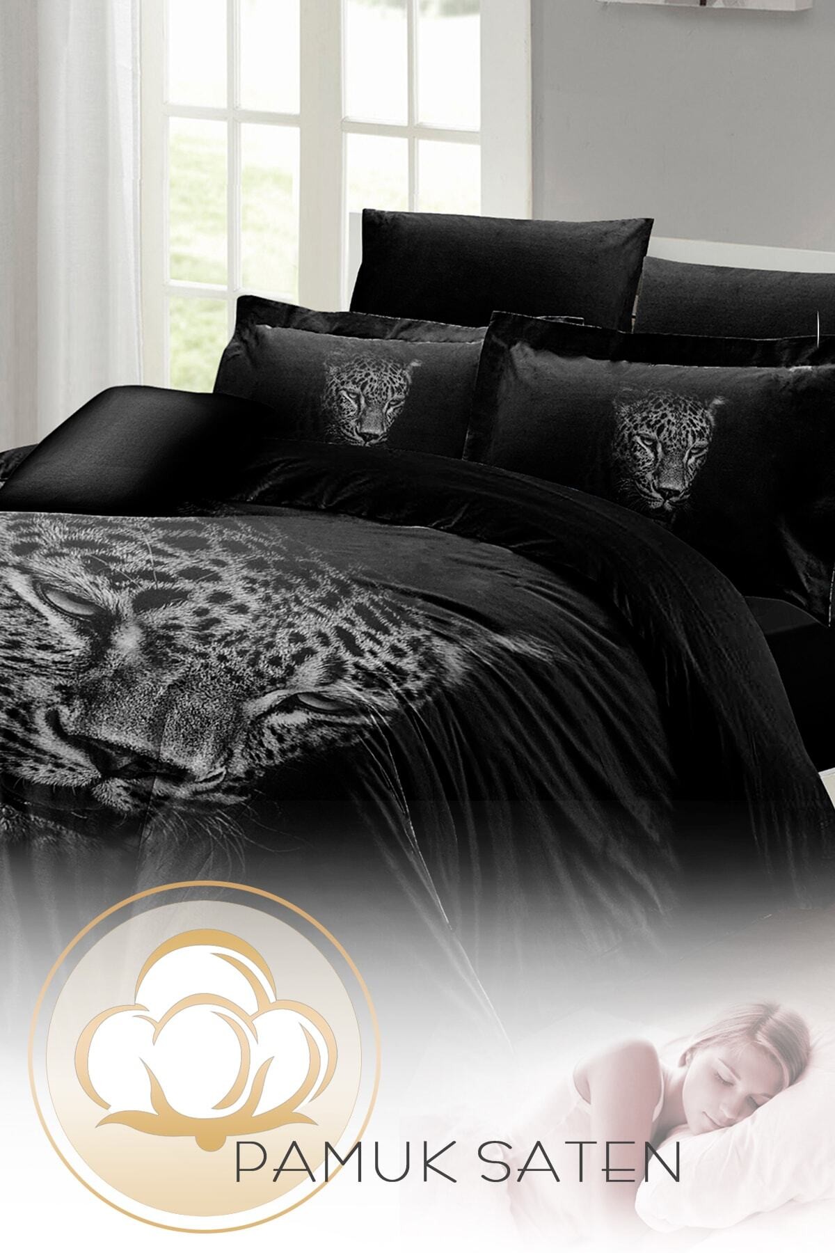 Kıng Sıze Black Leopar Çift Kişilik Nevresim Takımı %100 Pamuk Saten 3d Özel Tasarım 220x240cm