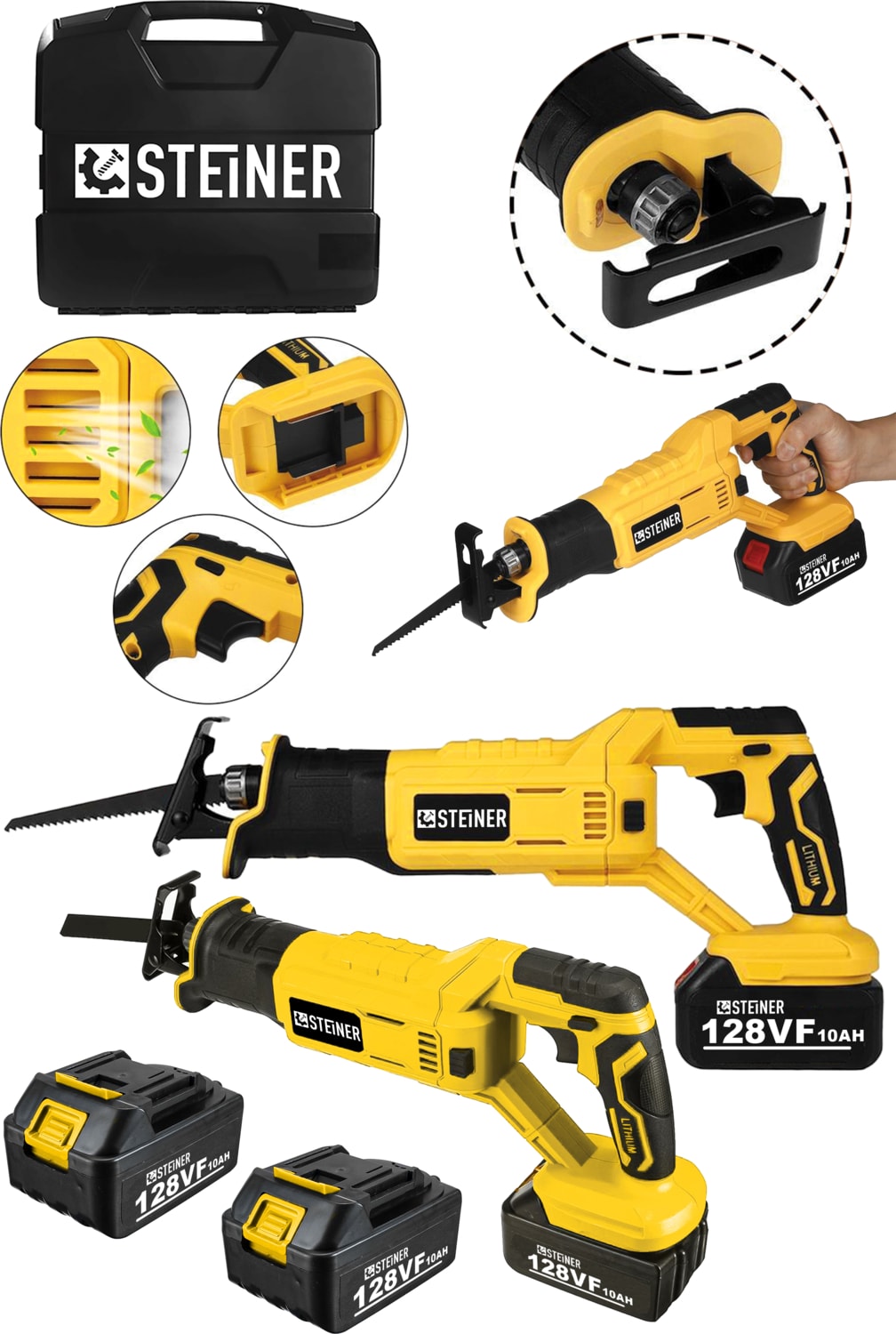 Alman 128 Vf 10 Ah Kömürsüz Motor Kemik Ahşap Demir Kesmetilki Kuyruğu Akülü Testere Makinesi Sarı