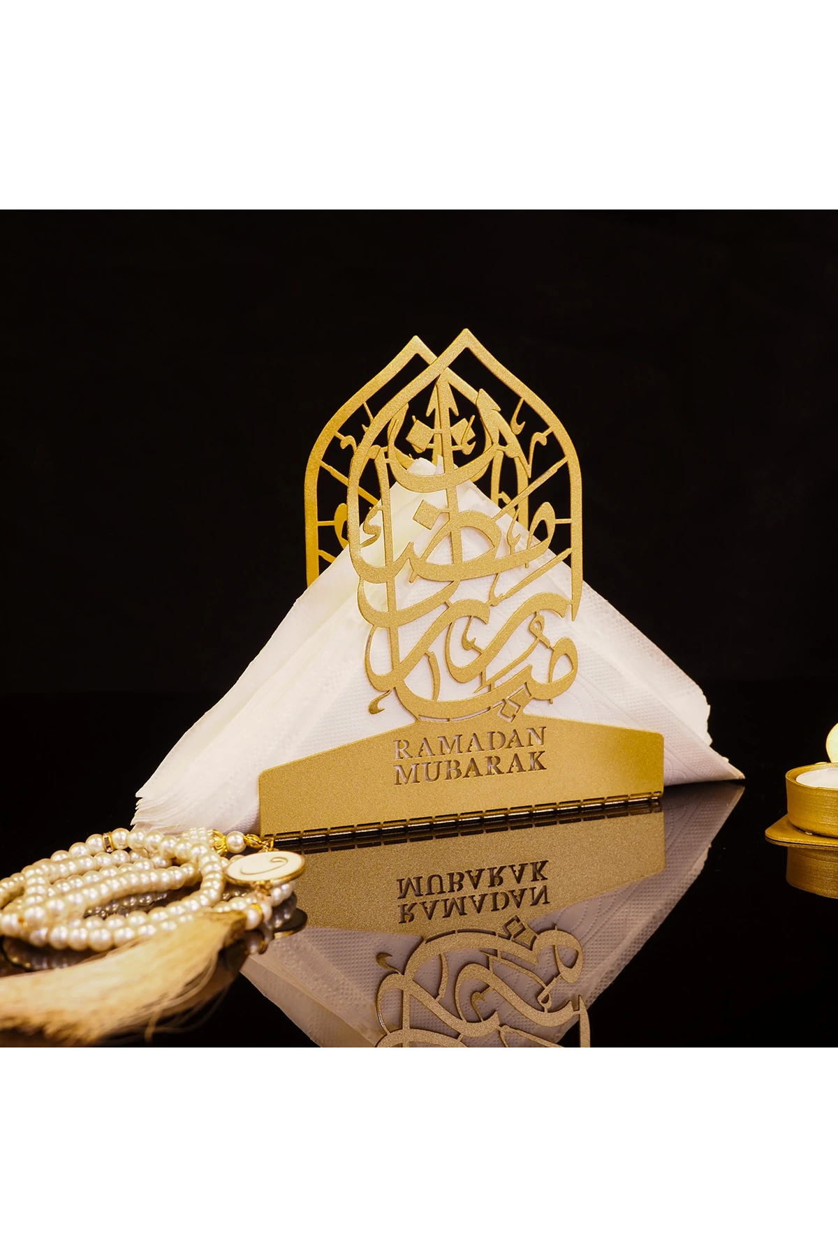 Ramadan Mubarak Yazılı Metal Altın Peçetelik - Ramazan Süsleri - Islami Ev Dekorasyon - Wamh176