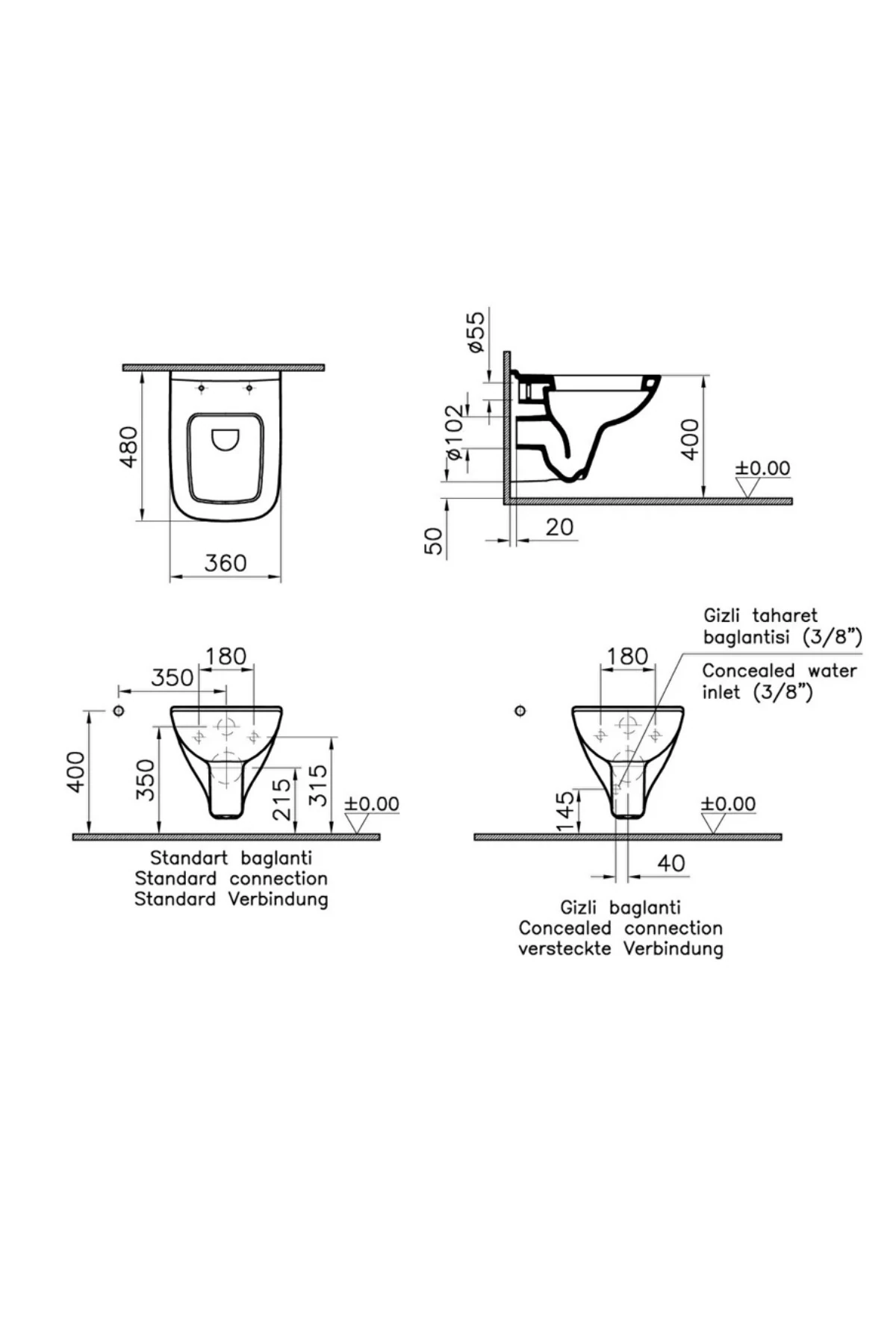 S20 Asma Klozet 5505L003-0868, Vitra Gömme Rezervuar Set 768-1851