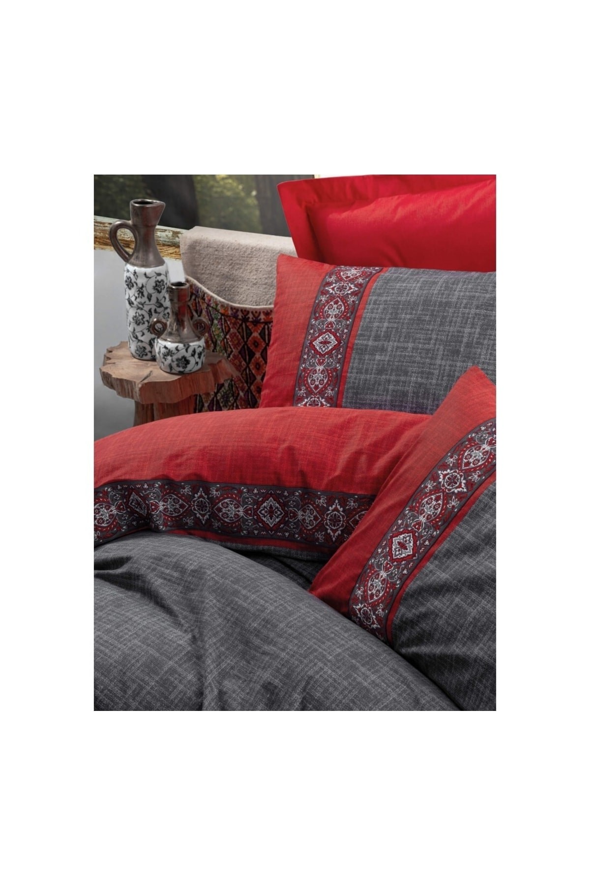 Folk Art Çift Kişilik Pamuk Nevresim Takımı Ardil Kırmızı
