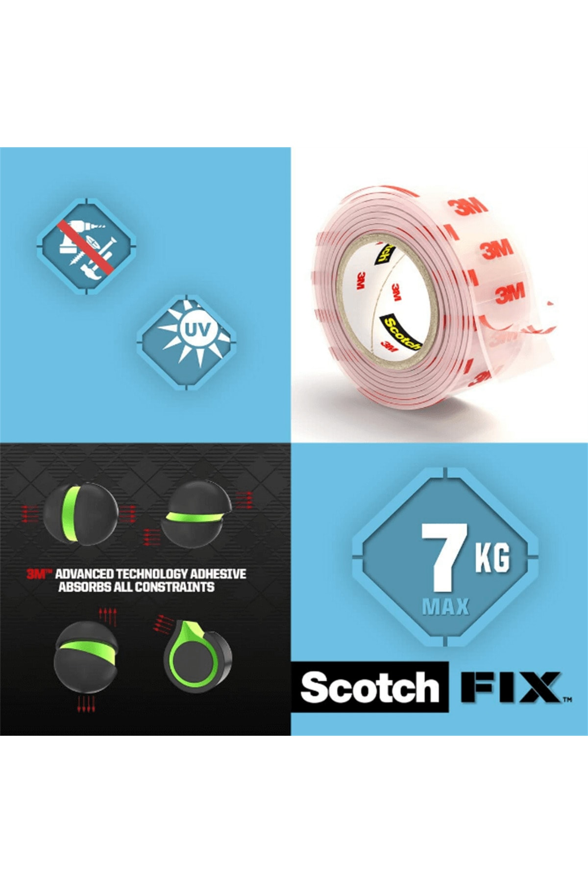 3M ™ Scotch-fix™ Montaj Bandı - 4910c-1915-p, Şeffaf - Max 7 Kg (19MM X 1,5M)