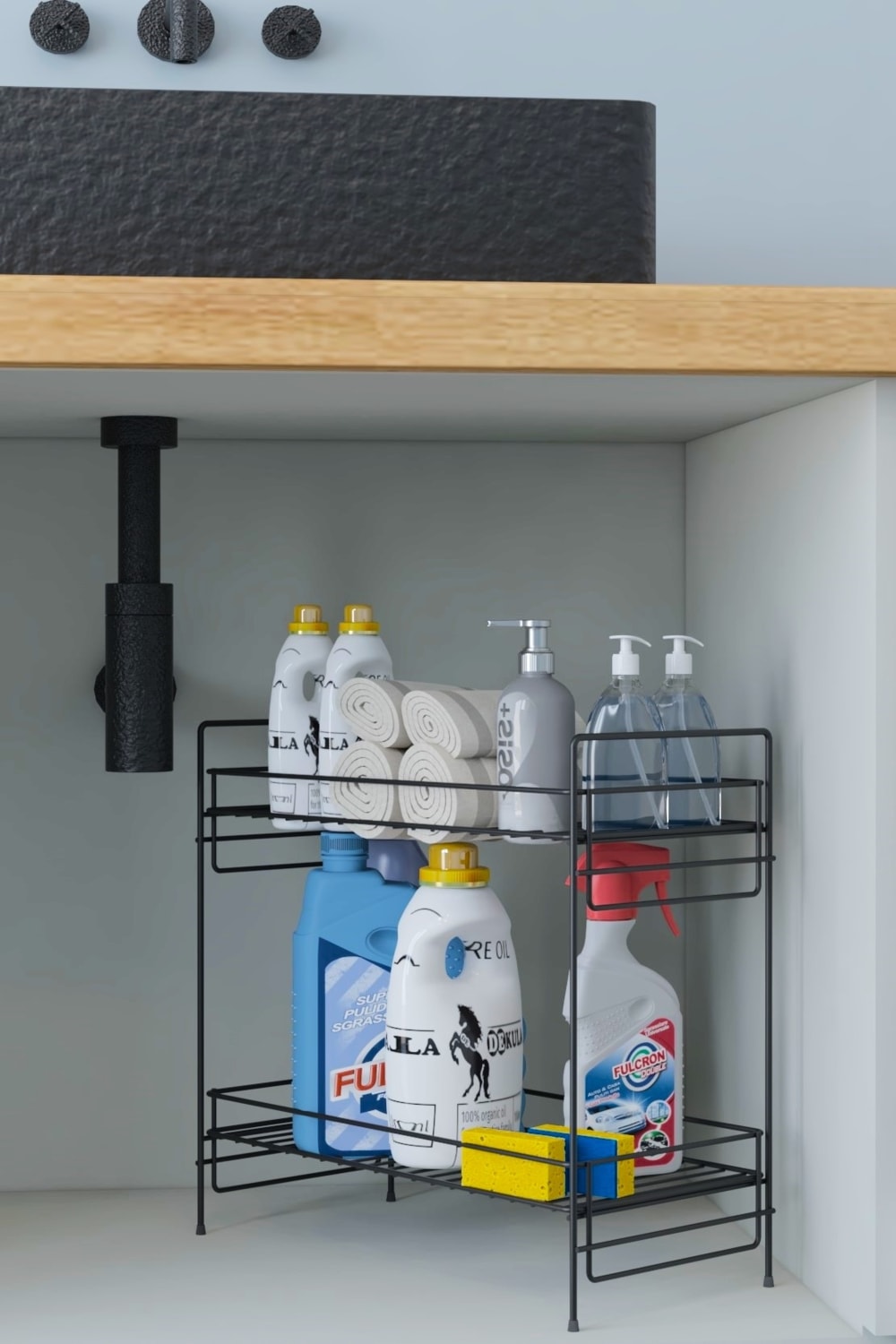 2 Katlı Evye Tezgah Altı Raf Banyo Mutfak Dolabı Çok Amaçlı Düzenleyici Deterjanlık Organizer 20X40