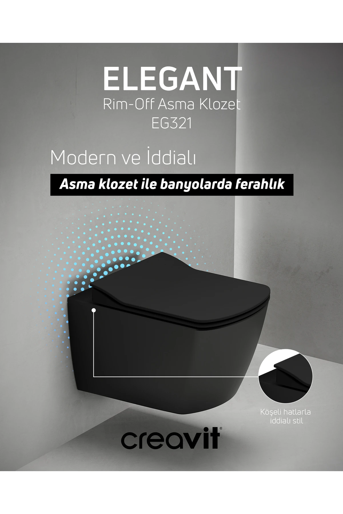 Elegant Kömür Karası Kanalsız Asma Klozet EG321, Elegant Duroplast Yavaş Kapak