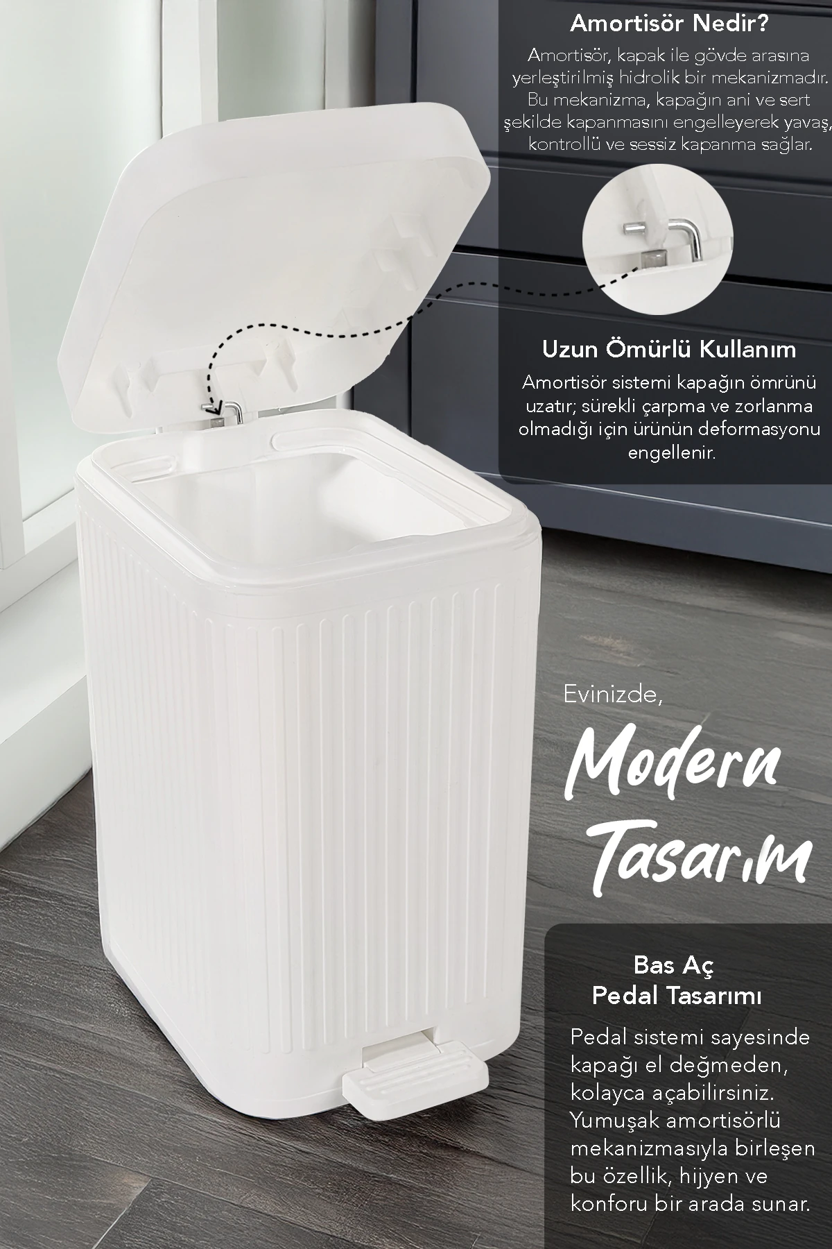 10 Lt Pedallı Sessiz Çöp Kovası - Yavaş Kapanır Amortisörlü Kapak Banyo Mutfak Çöp Kovası Beyaz