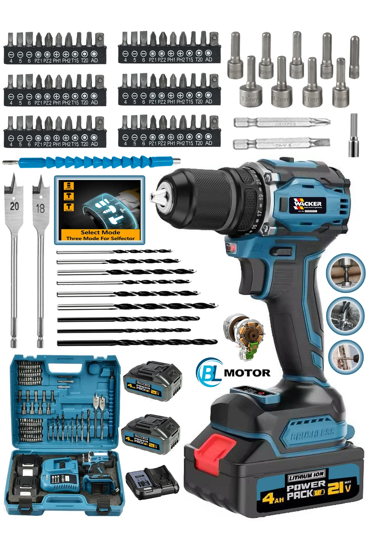 Germany Darbeli Yeni Akıllı Sistem Kömürsüz Motor 258 Vf Çift Akülü Vidalama Matkap 90 Parça Set