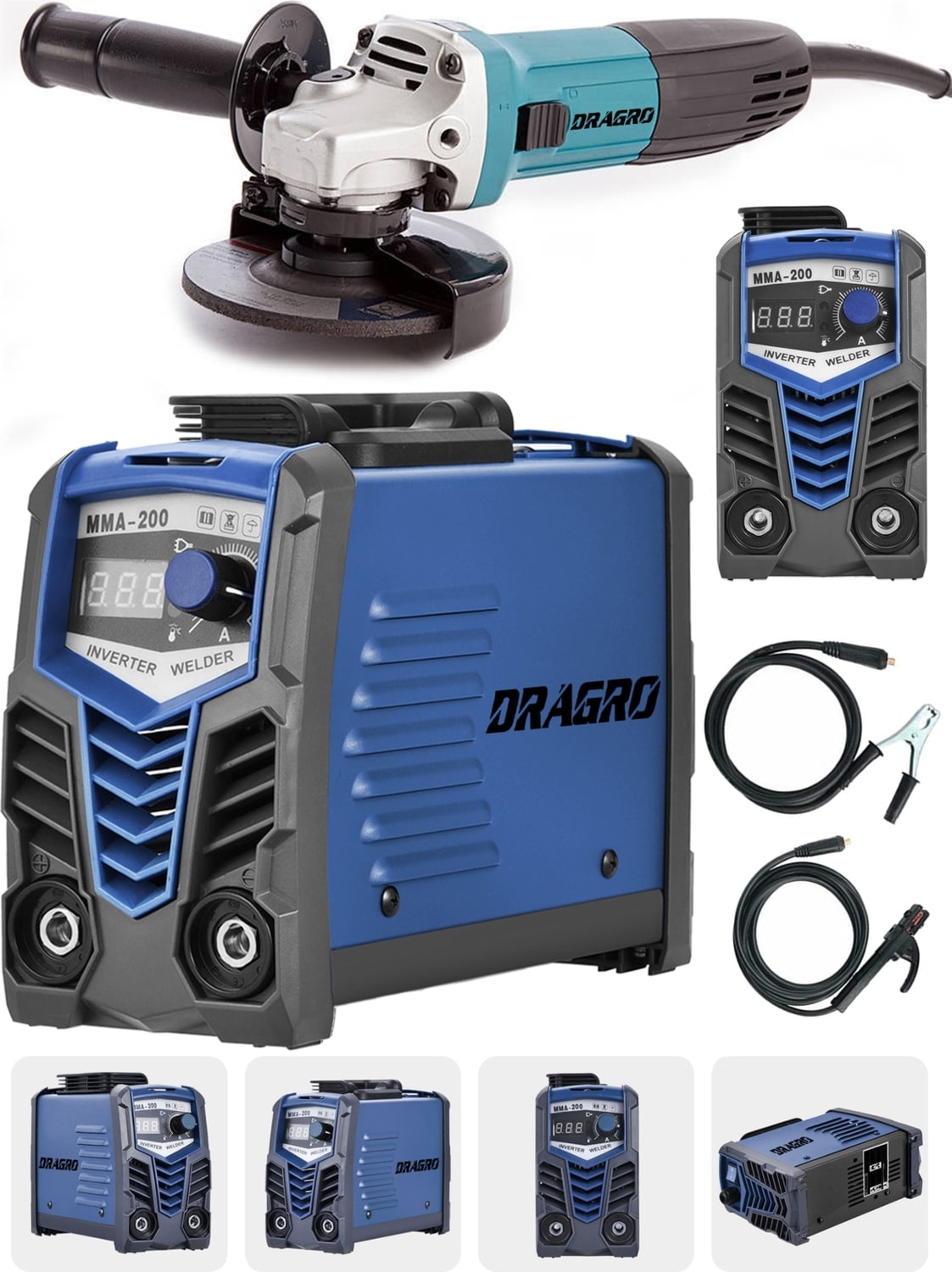 Germany Technology Çift Kartlı 200 Amper Invertör Kaynak MAKINASI-MAVI-3000W Taşlama 2li Set