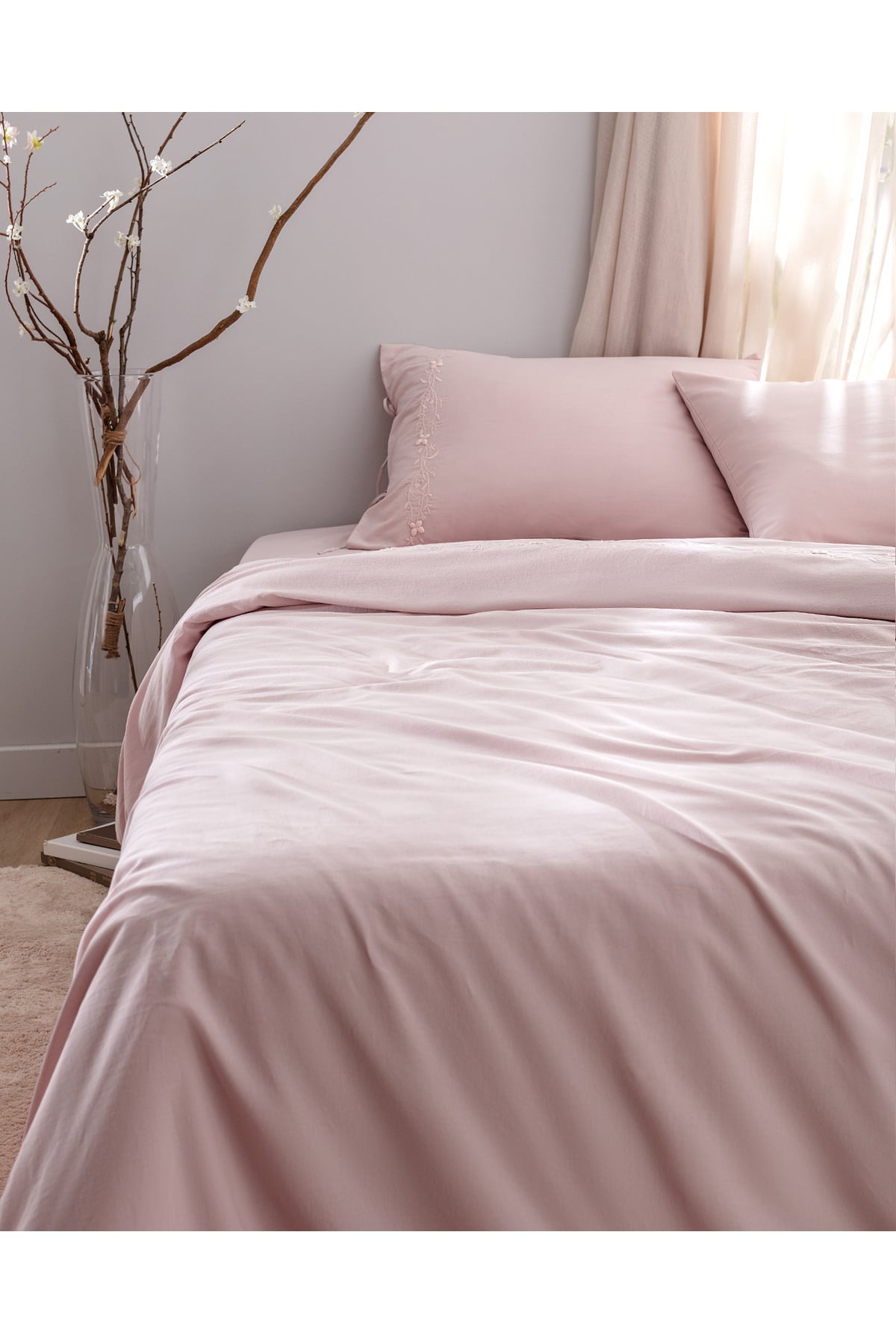 King Size %100 Pamuk Nakışlı Nevresim Takımı - Pudra
