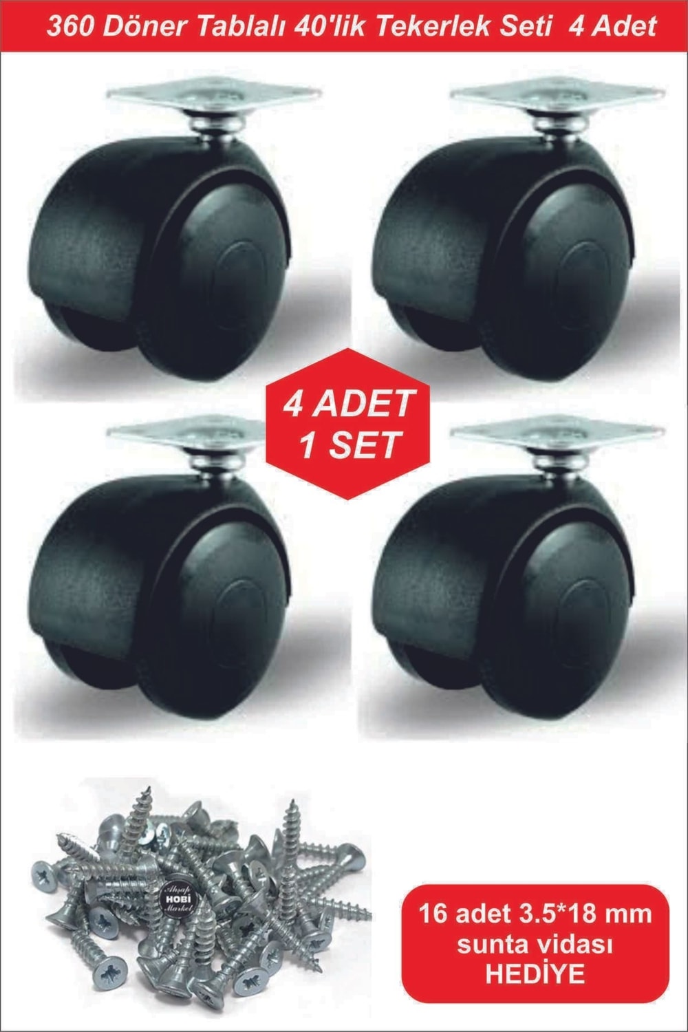 40 mm Oynar Siyah Vidalı Mobilya Tekerleği 40 mm | Dolap, Sehpa, Masa Ayağı Tekeri 4’lü Set
