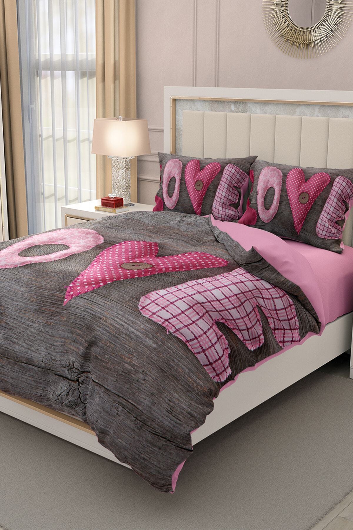 Kıng Sıze Sevgililer Günü Çift Kişilik Nevresim Takımı%100 Pamuk Saten 3d Aşkımm 220x240cm