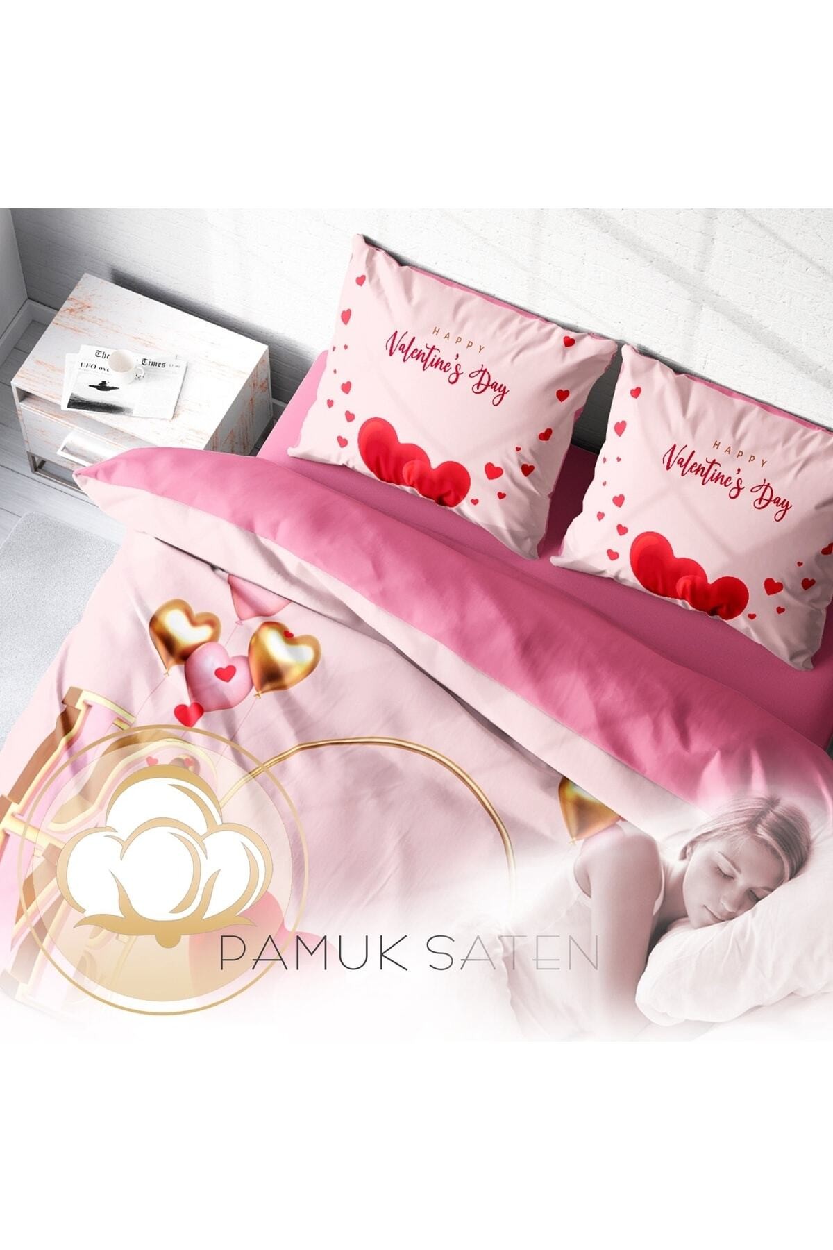 Kıng Sıze Sevgililer Günü Pamuk Saten Çift Kişilik Nevresim Takımı Happy Valentine's Day 220x240cm