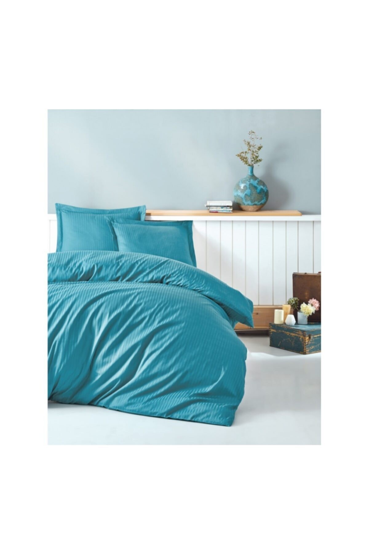 %100 Pamuk Yatak Odası Elegant Stripe Saten Çift Kişilik Nevresim Takımı Turkuaz