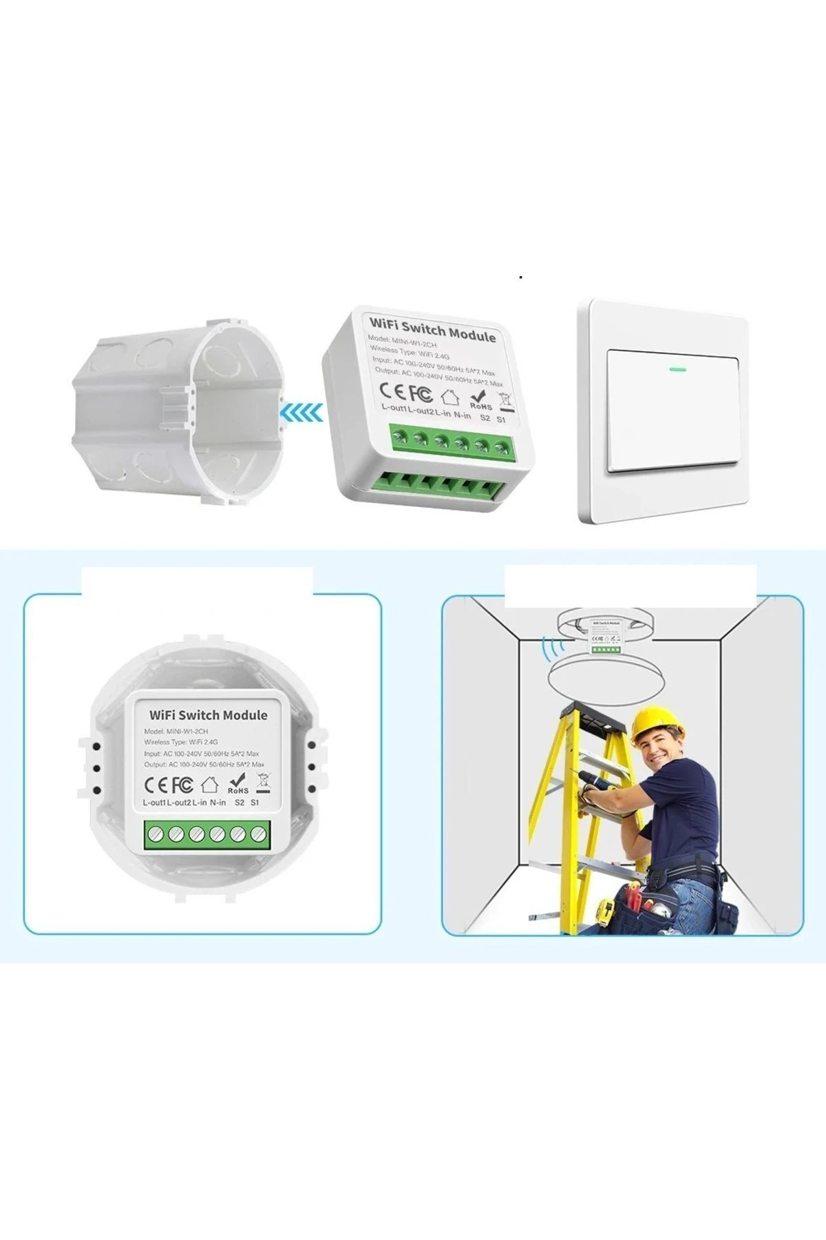Wifi Akıllı Anahtar 2 Çıkış ( Kuru Kontak ) Panjur Kepenk Vs Kontrol