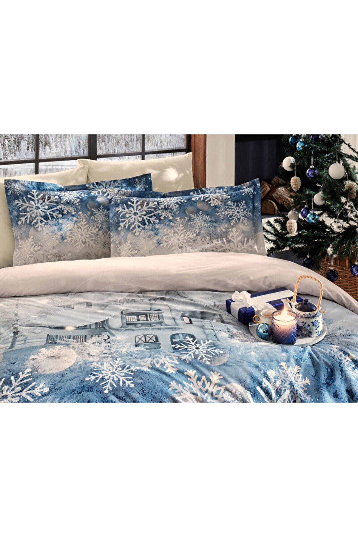 Snowflake Mavi Çift Kişilik Nevresim Takımı 4 Yastıklı Yılbaşı Nevresim New Year