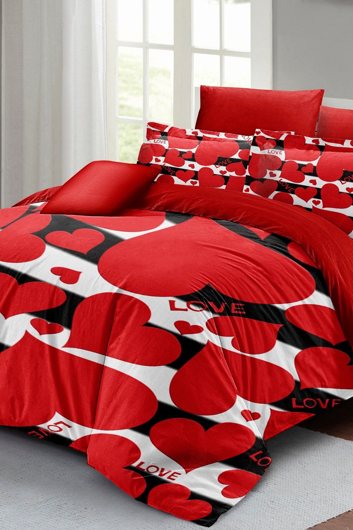 KING SIZE Sevgililer Günü Çift Kişilik Nevresim Takımı%100 Pamuk Saten Big Love