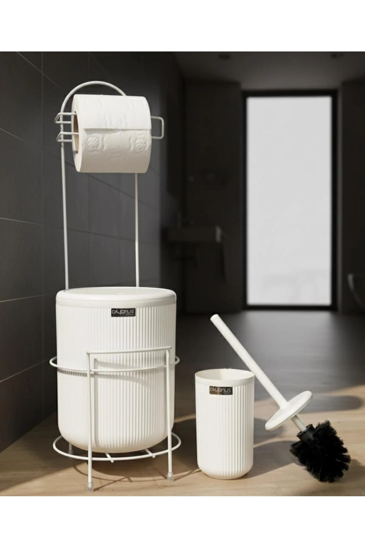 Beyaz Stantlı Wc Kağıtlık LineaYuvarlak Çöp Kovası ve WC Fırça Seti
