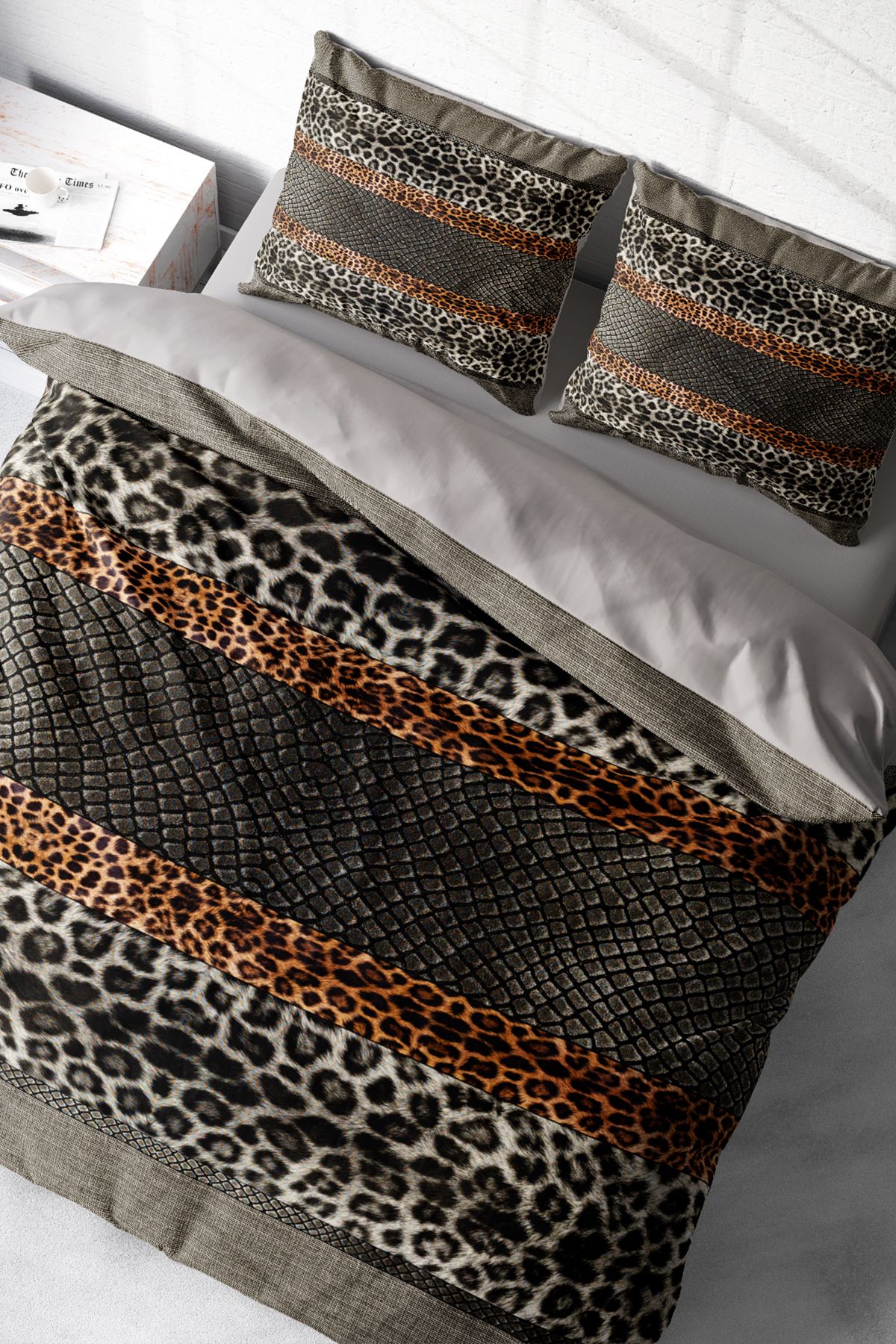 Kıng Sıze %100 Pamuk Saten Çift Kişilik Nevresim Takımı Leopard Snake 220x240cm